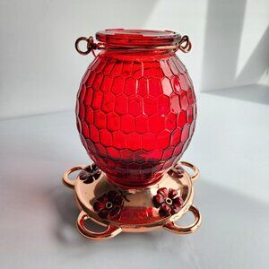 Hummingbird Feeder Red Honeycomb Design Rose Gold Base Dark Red Flower Holes